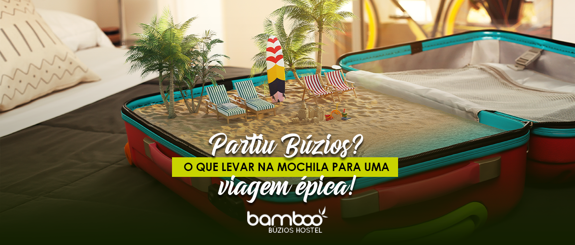 Uma mala de viagem aberta com uma cena de praia ensolarada, coqueiros e um céu azul dentro dela, simbolizando a preparação para um mochilão em Búzios.